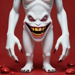 ( ( white skin, demon, 3 fingers each hands, long fingers, long dirty dark nails, large smile with yellow and black sharped teeth, big long arms, small legs ) ), ( red unicolour background with red stones, brown pins ), ( realistic, photorealistic, 1 9 5 0's photography, 8 k, provided by unreal engine, optimization, highly detailed