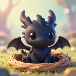 a portrait of a cute happy tiny black chibi galaxy dragon in a nest, black eyes, artstation, by magali villeneuve, depth of field, beautiful lighting, pastel colors, bokeh, fantasy art