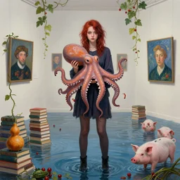 tall emo girl artist holding an octopus, in a flooded art gallery, books, small portraits, gourds, berries, vines, pigs, acrylic on canvas, surrealist, by magritte and monet