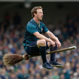 Mark Zuckerberg sitting on a flying broomstick several feet in the air, playing Quidditch