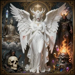 white silk + angel spawn + healing shaman + skull mask throwing up dmt + clouds of the god emperor buddha + death + exasperated detailed face of enlightenment anguish + warlock + entombment of the machine + spiritual eruption + elemental alchemical + detailed renaissance art ornaments + crystals spewing forth from eyes