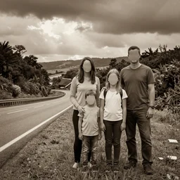 A sepia-toned photograph of a family with completely blank faces standing next to a highway scenic overlooked, looking at the camera