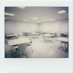 polaroid photograph of a large white empty breakroom, retrofuturist liminal space, hundreds of chairs and tables, familiar place, clean, black mold, amateur, unreal engine, photorealistic, trending on artstation