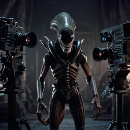 a wide angle movie still from alien ( 1 9 7 9 ) by ridley scott showing an alien xenomorph from the alien movie looking at camera | sci - fi and supernatural horror | uneasy and uncanny atmosphere | shot on celluloid with panavision cameras | panavision lenses | 3 5 mm film negative width | anamorphic projection format | practical effects