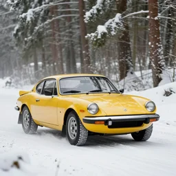 a 1 9 7 2 lotus elan sprint, racing through a rally stage in a snowy forest