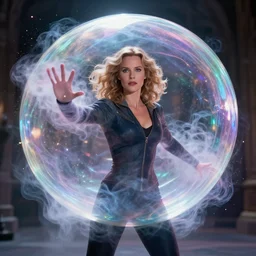 Grace Kelly, Starring as Sue Storm in the new Fantastic Four Movie, Projects an iridescent giant force field bubble around her body, Color Movie Still Photograph, Hyper Real, Volumetric Smoke, Sparks, Atmospheric