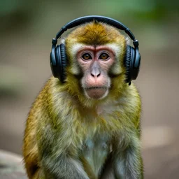 a photo of a green monkey wearing headphones