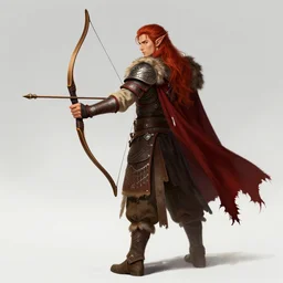 elven archer with long red hair holding a bow, wearing elven tribal ornamented armor, bear fur decorated shoulder pads, red ragged cape, full body concept, beksinski, the hobbit elf concept art, ruan jia