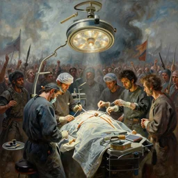 oil painting of 3 0 0 0 battle - panorama serosal surgical machine, by alberto bontempi, shigeru komatsuzaki, wayne d barlowe, alex ross, enric torres, simon bisley & boris vallejo, hyper realism, cinematical, narrative light, muted colors, epic, hyper detailed, awe inspiring, award winning horror,