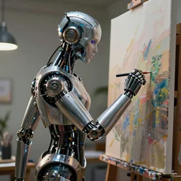 an high resolution photo of a cyberpunk automaton paiting on a canvas, hyper detailed, photography, realistic art, 8 k, unreal engine, octane render, cinematic