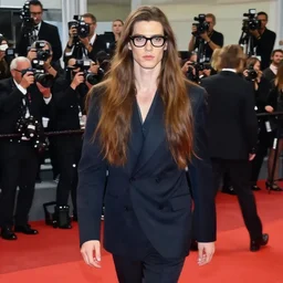 a painting of a handsome guy with very long brownish! hair, with nerdy glasses at fashion week show walking in the red carpet, glamour, art by artgerma and greg rutkowski, paparazzi