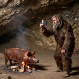 “colur photo an homo Neanderthal taking a photo with his iPhone in front of a cave to a rusted pork on the fire, photoreal photojournalism, National Geographic style”