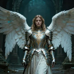 angel, big wings, low key light, full plate armor with cloth, f 2. 8, bokeh, medium portrait, gentle, female, dark ruins, landscape, d & d, fantasy, intricate, elegant, highly detailed, teal white gold color palette, roger deakins, sharp focus, greg rutkowski and alphonse mucha
