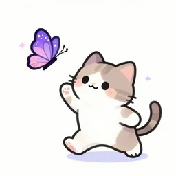 a drawing of a cute kitty cat chasing a butterfly with purple and pink and sparkles, trending on arstation