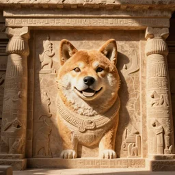 happy shiba inu dog carving on the wall of an ancient egyptian tomb