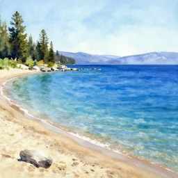 lake tahoe beach brilliant blue color in water color painting style
