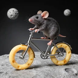a stainless steel bike, made of swiss cheese wheels, a cartoonish rat riding the bike on the surface of the moon and, photorealistic