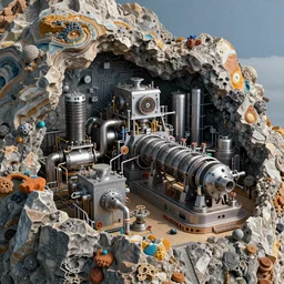 ultra realistic macro photography of the giant magical machine embedded within the mountain, colourful sedimentary and igneous rock and marble, rock textures industrial machinery, factory machines, robotics pistons, pipes and valves,  super conducters, circuitry. 8k 3D geology photograph