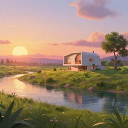 a beautiful landscape with a singular modern house near a river at sunset in Pixar style