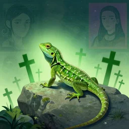 a frontal drawing of lizard on a stone, there are a lot of green treatment crosses around it, in gentle green dawn light, with simple patterns in the background by inio asano, beeple and james jean, aya takano color style, 4 k, super detailed, night sky, digital art, digital painting, celestial, majestic, colorful
