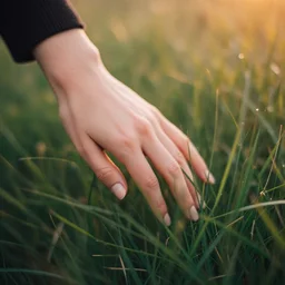 A photography of a female hand touching long grass. Detailed. High quality. Warm like. Scotland mood. Cinestill 800T film. Depth of field. Lens flare.