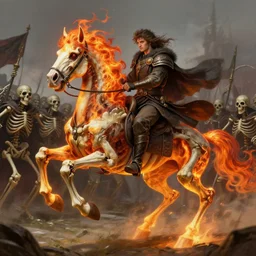 ainz ooal gown leading his undead army to battle riding a flaming skeleton horse, skeleton soldiers in background, highly detailed, deep focus, elegant, artstation, digital painting, smooth, sharp focus, illustration, ultra realistic, 8 k, art by artgerm and greg rutkowski and alphonse mucha