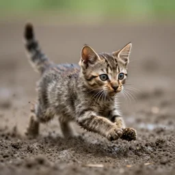 award winning photo by national geographic of a tiny muddy kitten running very fast in the mud, motion blur, tiny gaussian blur, insanely detailed, insanely intricate, depth of field, low contrast, summer, wide aperture, action photography
