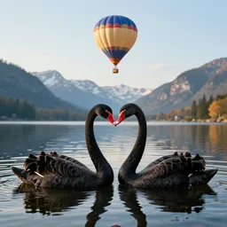 photo of two black swans swimming in a beautiful reflective mountain lake, touching heads, forming a heart with their necks, a hot air balloon flying above the swans , granular detail, hot air balloon, intricate, portrait, 8k highly professionally detailed, HDR, CGsociety, octane render, 4k, f32,55mm photography, wide angle