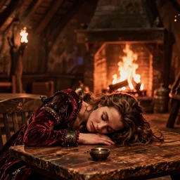 girl fall head on the table and sleep, looks like kate beckinsale, dark medieval tavern dnd, shout fireplace and torches, digital fantasy art, 4k