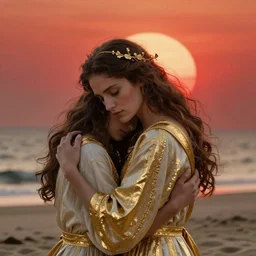 woman love jesus christ, hugs, gold trim, atmoshperic, elegant, sharp focus, sand sea, red sun, by ilya ozornin, artstation, intricate details
