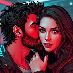 red bearded man with blue eyes kissing a beautiful woman with brown hair and green eyes, futuristic cyberpunk