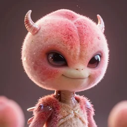 an alien with a face that looks like a fuzzy peach the peach is fuzzy pink warm and ripe the alien has horns and a mean smile, 4k, highly detailed, high quality, amazing, high particle effects, glowing, majestic, soft lighting, realistic reflections