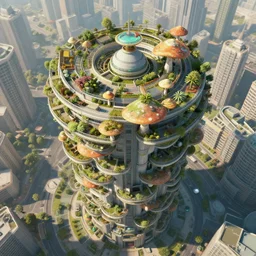 matte painting of the bird's eye view of circular mushroom tower. garden balconies. ecofuturistic architecture. dynamic perspective. urban, detailed digital art trending in artstation