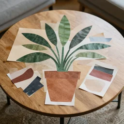 A collage of a plant on a coffee table, made of random shapes cut from magazines and colored paper, simple, abstracted block color shapes, earth tones