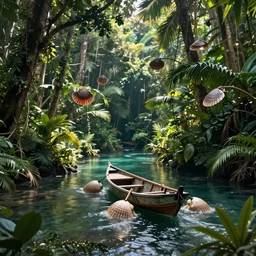 scallop dredge boat dragging dredges through a pristine jungle, surrealist,