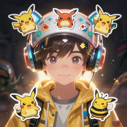 cute symmetrical teenage cyberpunk explorer with futuristic headpiece pokemon sticker art, sticker, character customisation, male, cronobreaker, brawler, beeple game icon