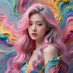 a portrait of a very beautiful young asian goddess with pink and grey hair radiating an artwork made of swirling paint and impasto by wlop and lee griggs, background is multicoloured volumetric displacement, hyperrealism, subsurface scattering, arnold render, noise to volume, 8 k, houdini, xparticles