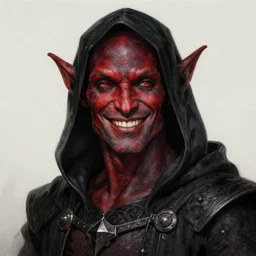 portrait of a male tiefling with dark red skin wearing a black hood, smiling, D&D, fantasy, intricate, elegant, highly detailed, digital painting, artstation, concept art, smooth, sharp focus, illustration, art by artgerm and greg rutkowski and alphonse mucha