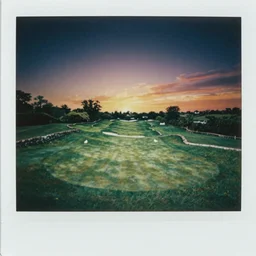 birds eye view of a perfect elysian dreamlike green hilly pastoral psychedelic golf course landscape under stars consisting of memory trapped in eternal time, golden hour, dark sky, evening starlight, stone walls, haunted psychedelic Polaroid by Hiroshi Yoshida