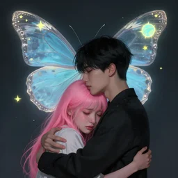 harmony of butterfly & tiny yellow stars, mute, neon light language, black haired yoongi hugging pink haired jimin crying, by wlop, james jean, victo ngai, beautifully lit, muted colors, highly detailed, fantasy art by craig mullins, thomas kinkade