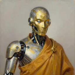 portrait of the robot zen monk zenyatta ( overwatch ), robot made of metal gold and silver, detailed realism in painting, detailed beautiful portrait, oil painting masterpiece, 8 k resolution, smooth, sharp focus, trending on artstation, by rembrandt