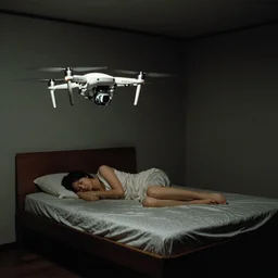 a drone flying next to a woman sleeping on an empty bed in a dark room, daido moriyama, nobuyoshi araki