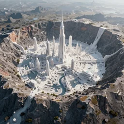 a highly detailed matte painting of futuristic fantasy city built into a meteor crater, crater lake with a river running through it, shining white city, aerial photography, ultrawide lens, art by john collier and albert aublet and krenz cushart and artem demura and alphonse mucha, volumetric lighting, octane render, 4 k resolution, trending on artstation, masterpiece