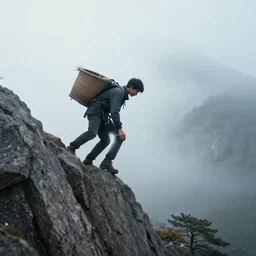 a boy having basket on his back and he is climbing on the mountain, tall boy by Greg rutkkwski, Sung Choi, 8k Photo realistic, cinematic lighting, HD, high details, atmospheric, foggy , magical effect, clean and clear fave, full body, trending on artstation, devianart, golden ratio, rule of thirds