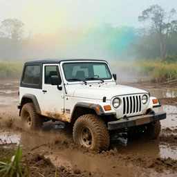 a muddy 1997 hardtop white Jeep Wrangler drowning in quicksand, digital art, beautiful iridescent fog swallows the dirty swamp, gritty, cinematic, extraordinary colorful landscape, photorealistic, soft vintage glow