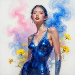 3 d, pink and blue smoke, sun rays, confident fashion model, sweat skin, liquid deep blue metal, yellow flowers, poster art, high detail, intricate oil painting, multiple exposure, white mood, hyperrealism, 3 d, by tooth wu and wlop and beeple and greg rutkowski