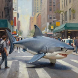 megalodon shark crossing a busy crowded street in new york, oil painting art by rembrandt
