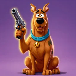 scooby doo holding a gun as comic cover art, full body scooby doo, symmetrical eyes, realistic fur, beautiful, rim lighting, vivid colors
