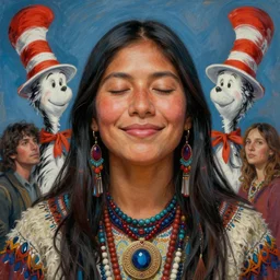 a beautiful portrait of an indigenous female shaman smiling with eyes closed feeling deep love, self - care, symetrical, designed by dr seuss and michal karcz, by cyril rolando and asher durand and natalie shau