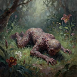 psychological horror movie still, amorphous life form crawling in a garden. muted complementary colors, oil painting, indie concept art, bloom, chiaroscuro, backlighting, intricate details.